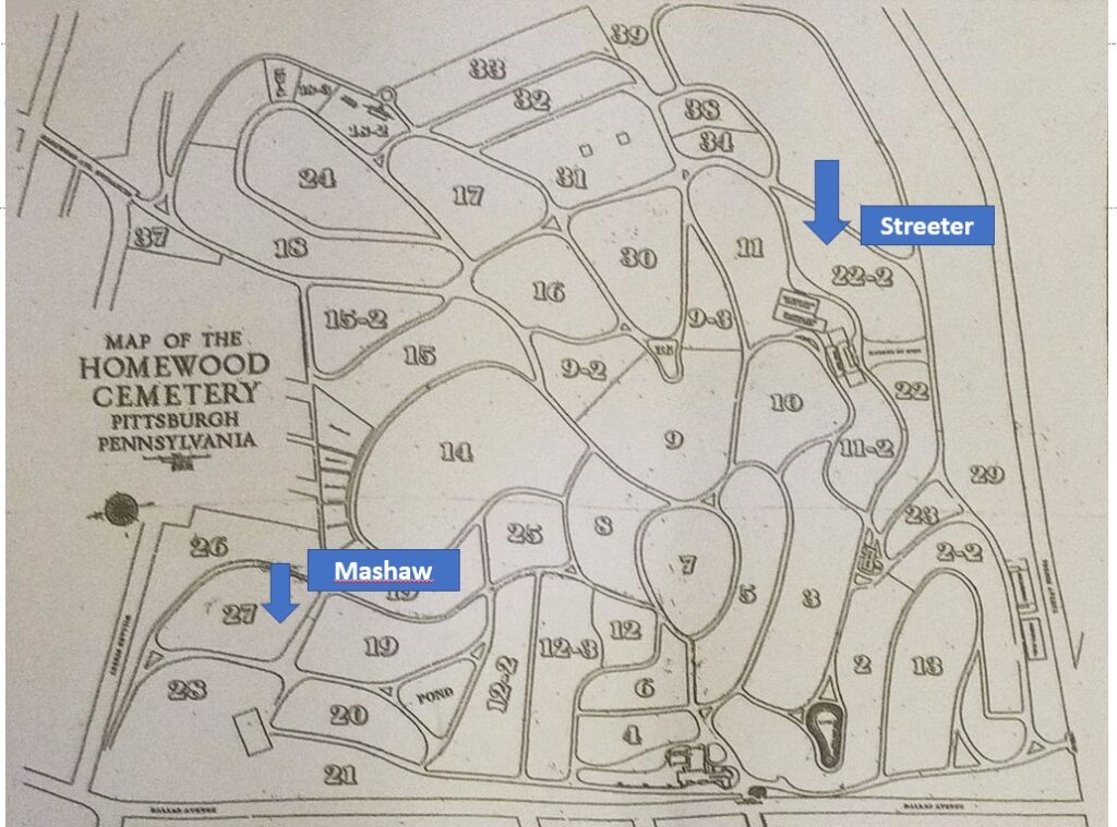 Map of Homewood Cemetery with arrows indicating the burial locations of Forrest Nedward Mashaw and Sam Streeter