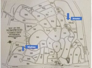 Map of Homewood Cemetery with arrows indicating the burial locations of Forrest Nedward Mashaw and Sam Streeter