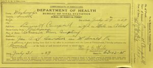 Photo of the death certificate of Negro Leagues baseball player Emmet Granville Campbell
